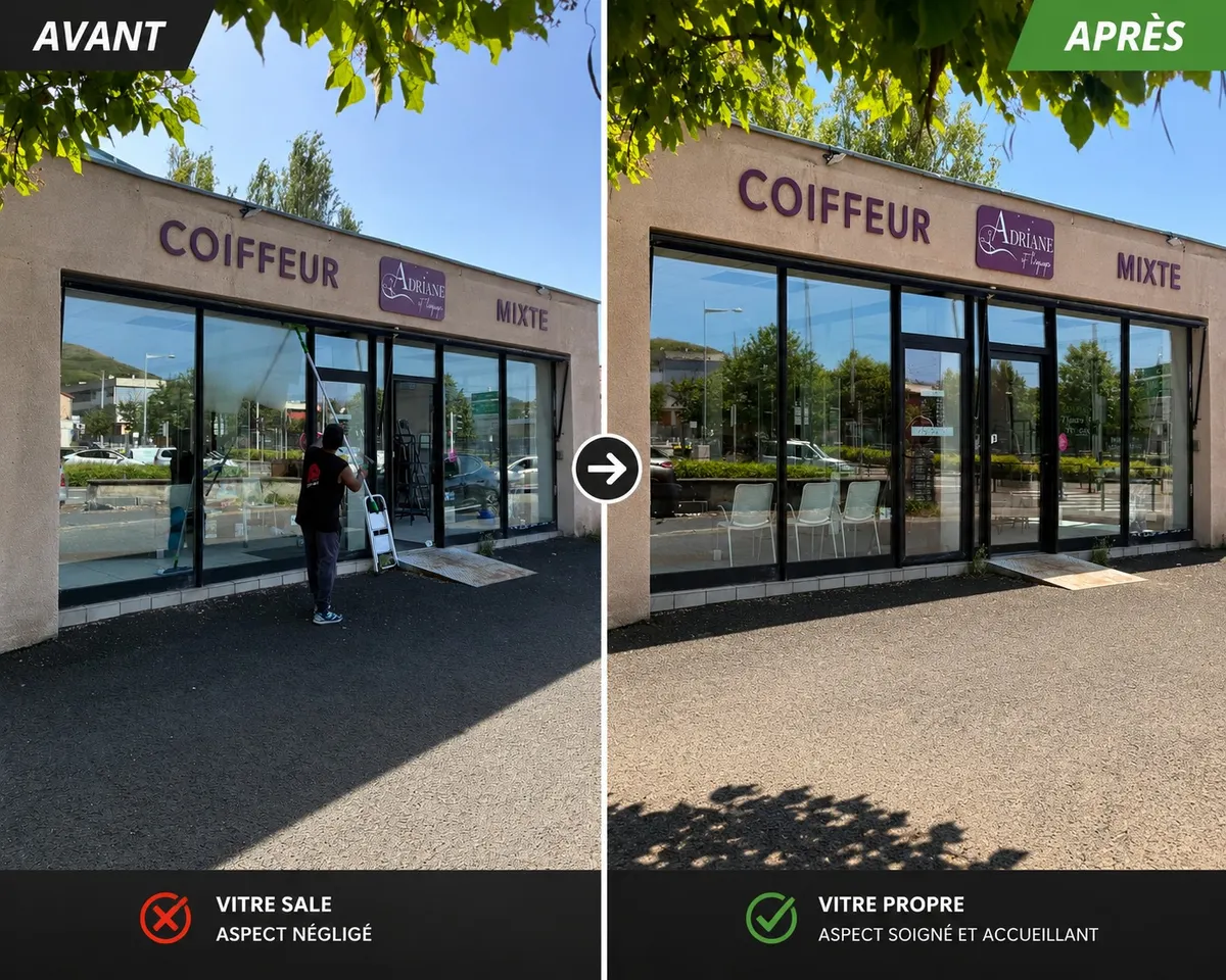 Avant et après le nettoyage de la vitrine d'un salon de coiffure : vitre sale à gauche, vitre propre à droite